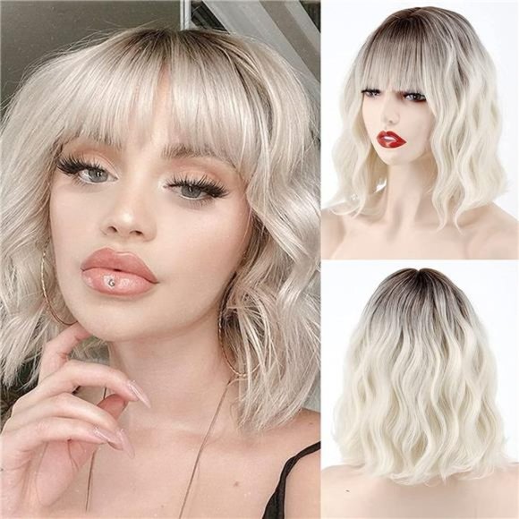 Short Platinum Blonde Ombre Wavy Wig with Bangs